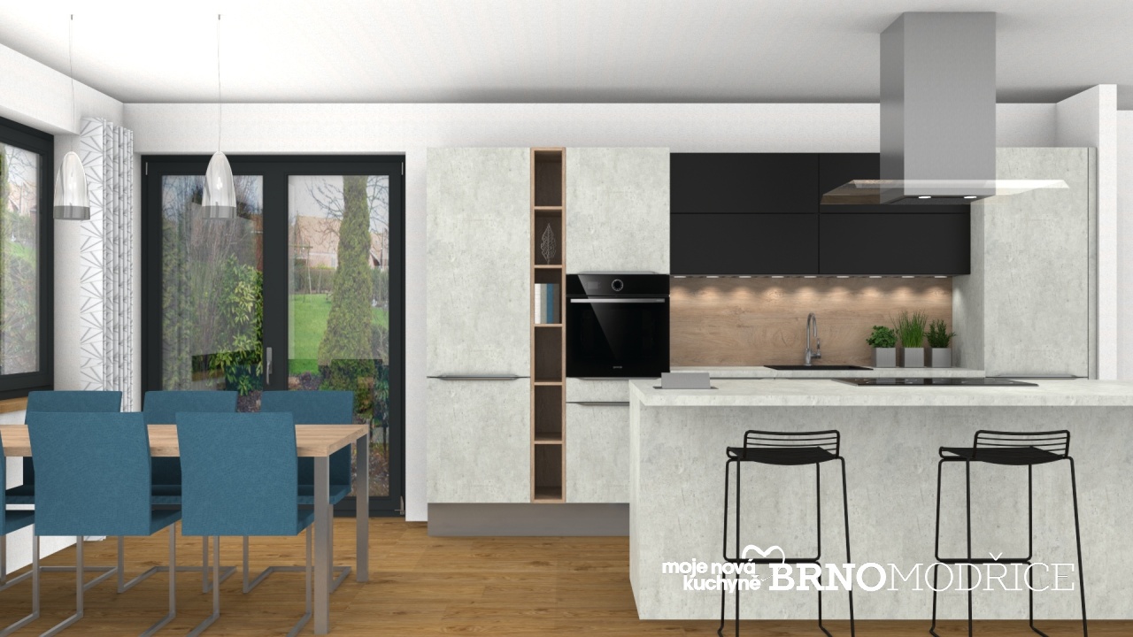 V�ce informac� o v�robku Kuchyn�, j�deln� i ob�vac� ��st v kombinaci beton / �ern� mat / d�evodekor