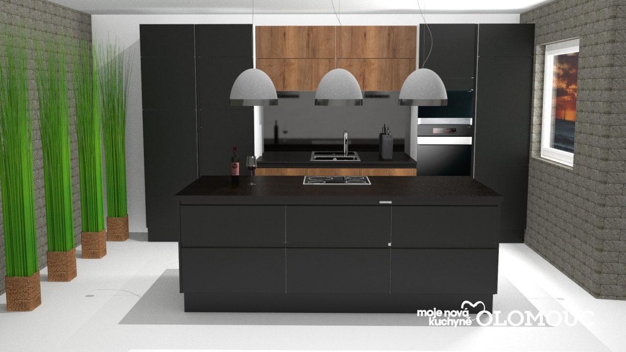 V�ce informac� o v�robku �ern� kuchyn� s mnoha v�suvy a velk�m ostr�vkem