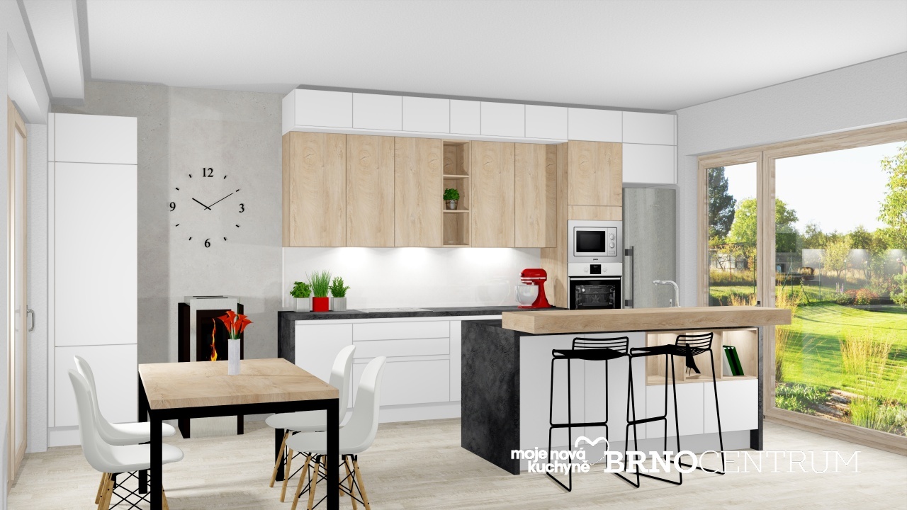 V�ce informac� o v�robku Sametov� b�l� se sv�tl�m d�evem a kontrastn� lamin�tovou deskou v dekoru �t�pan�ho mramoru