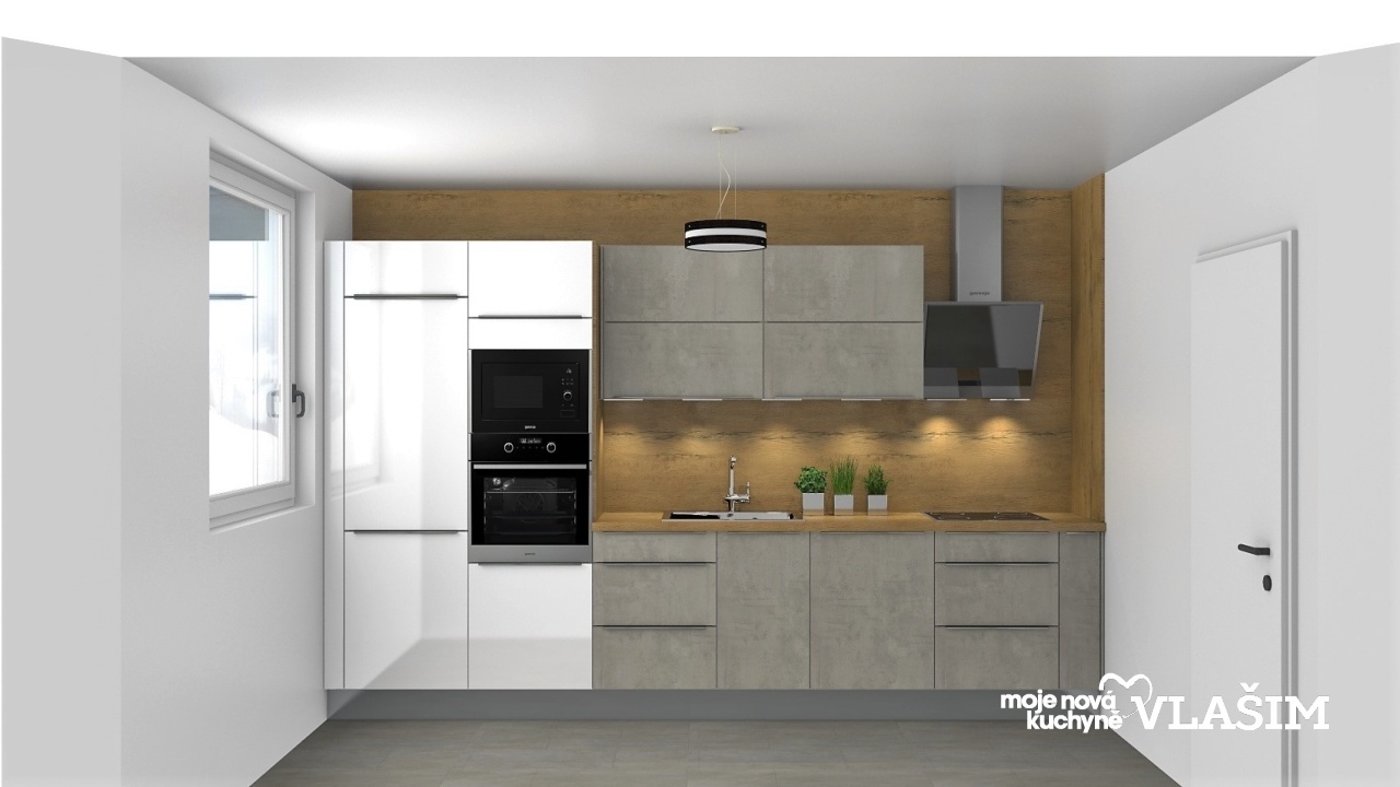 V�ce informac� o v�robku Rovn� kuchyn� v obl�ben� kombinaci b�l�, betonu a divok�ho dubu